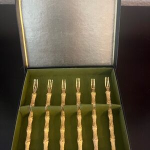 Gold  Plated Bamboo Cocktail Fork Set in Original Box 4.5”